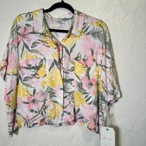NWT April Kiss XL crop short sleeve button down linen blend tropical coastal